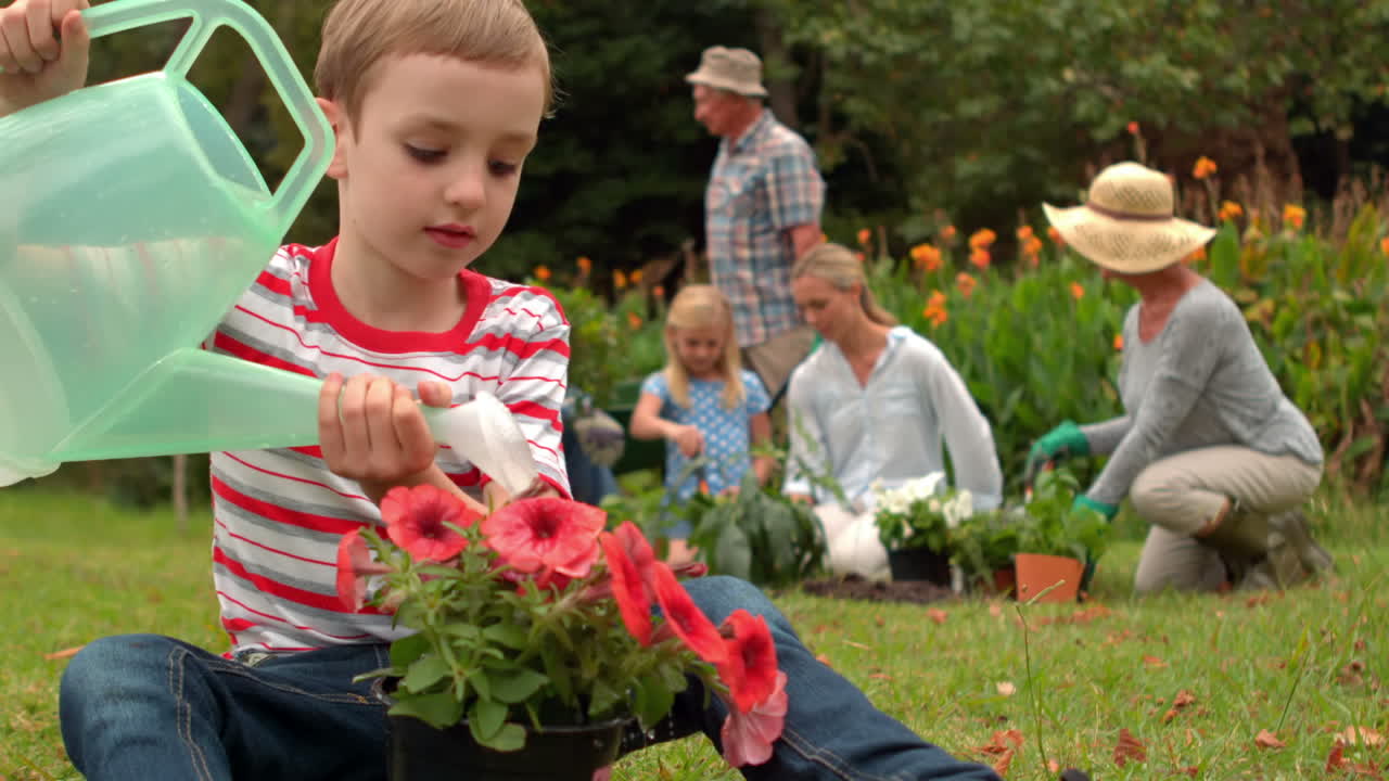 Niño regando flores