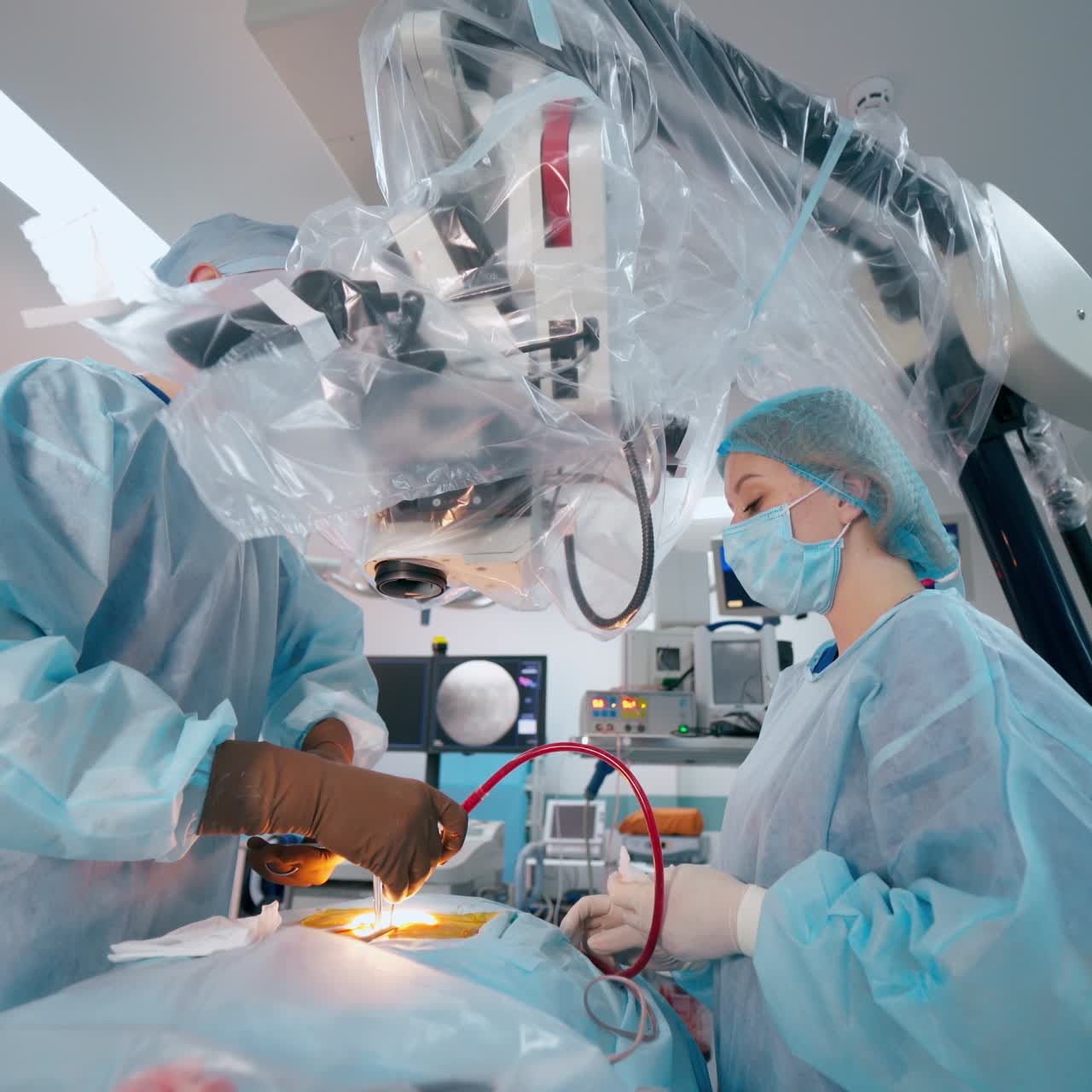 Surgeon doing operation to a patient. Nurse helps the doctor during the surgery. Specialist performing surgery through the microscope in clinic.