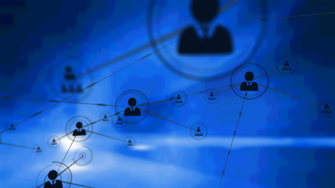 animación de redes de conexiones con iconos sobre formas azules sobre fondo negro