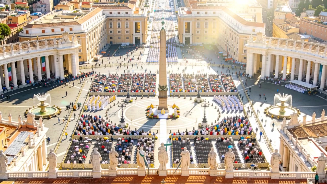 Drone che filma gruppi in abiti cerimoniali che cambiano posto e camminano vicino all'obelisco per una cerimonia, mentre il sole sorge.