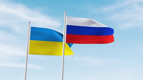 russia and ukraine flag seamless waving animation. russia and ukraine background. 4k resolution video. there are two government flags attached to poles on a sky background. matte finish technique.