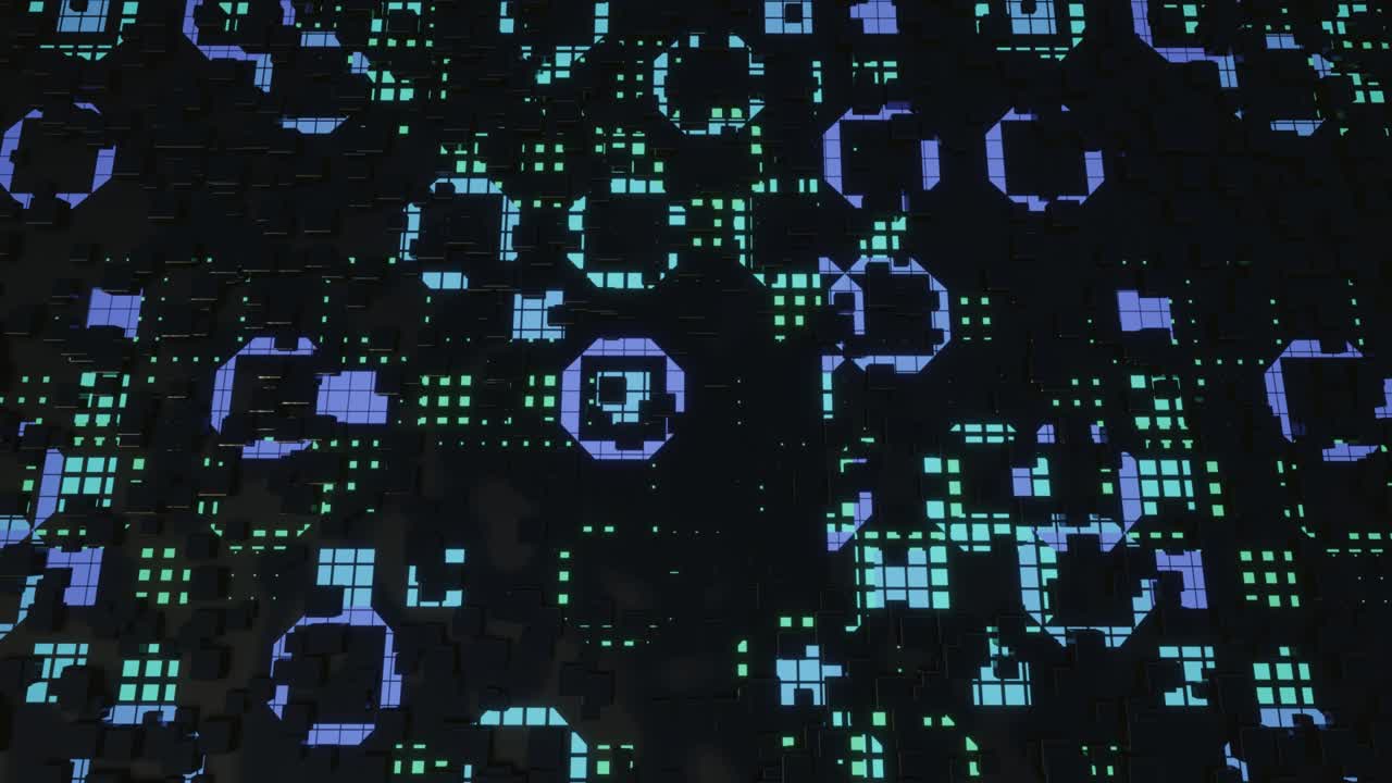 patrón de alta tecnología en la superficie del plano, brillo de neón, elementos complejos y estructura. objetos 3d forman composición de ciencia ficción en la superficie patrón 3d. animación en bucle 4k. tecnología de la información, hardware futurista
