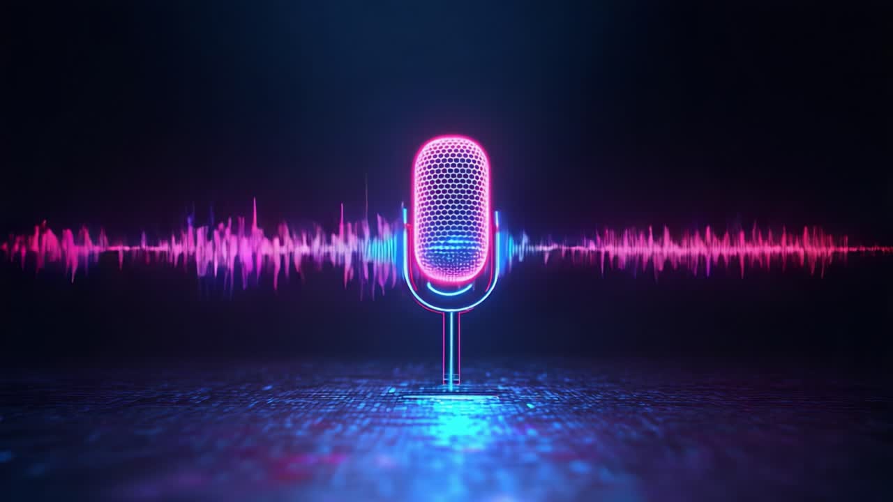 Captivating Visuals of a Retro-Style Microphone with Vibrant Sound Waves in a Dark Environment, Perfectly Blending Technology and Artistry for Engaging Audio-Visual Experiences