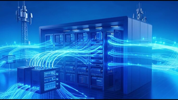 Digital Data Flow Connecting Server Racks and Communication Towers
