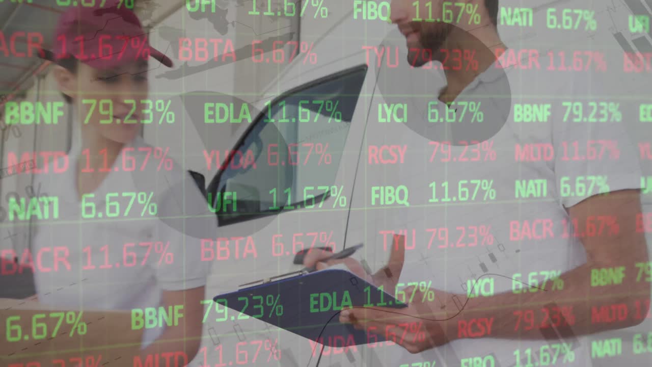 창고 밖에서 클립보드를 들고 있는 배달인에 대한 금융 데이터 처리 애니메이션