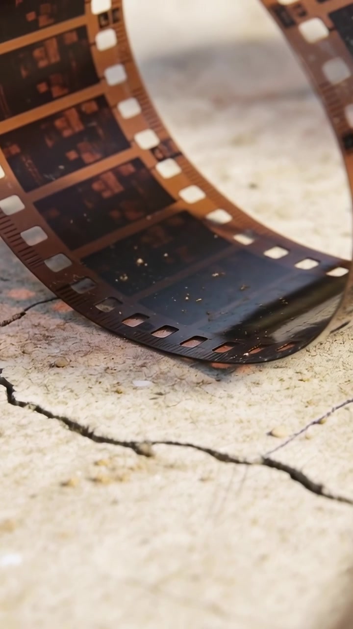 Video verticale: Telecamera che si sposta verso l'alto rivelando una pellicola cinematografica da 35mm su cemento crepato per mostrare i fori di trascinamento