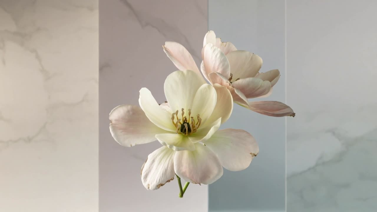 Rotating pale cream blush pink blossom revealing rear bloom and stem in studio, with marble panels