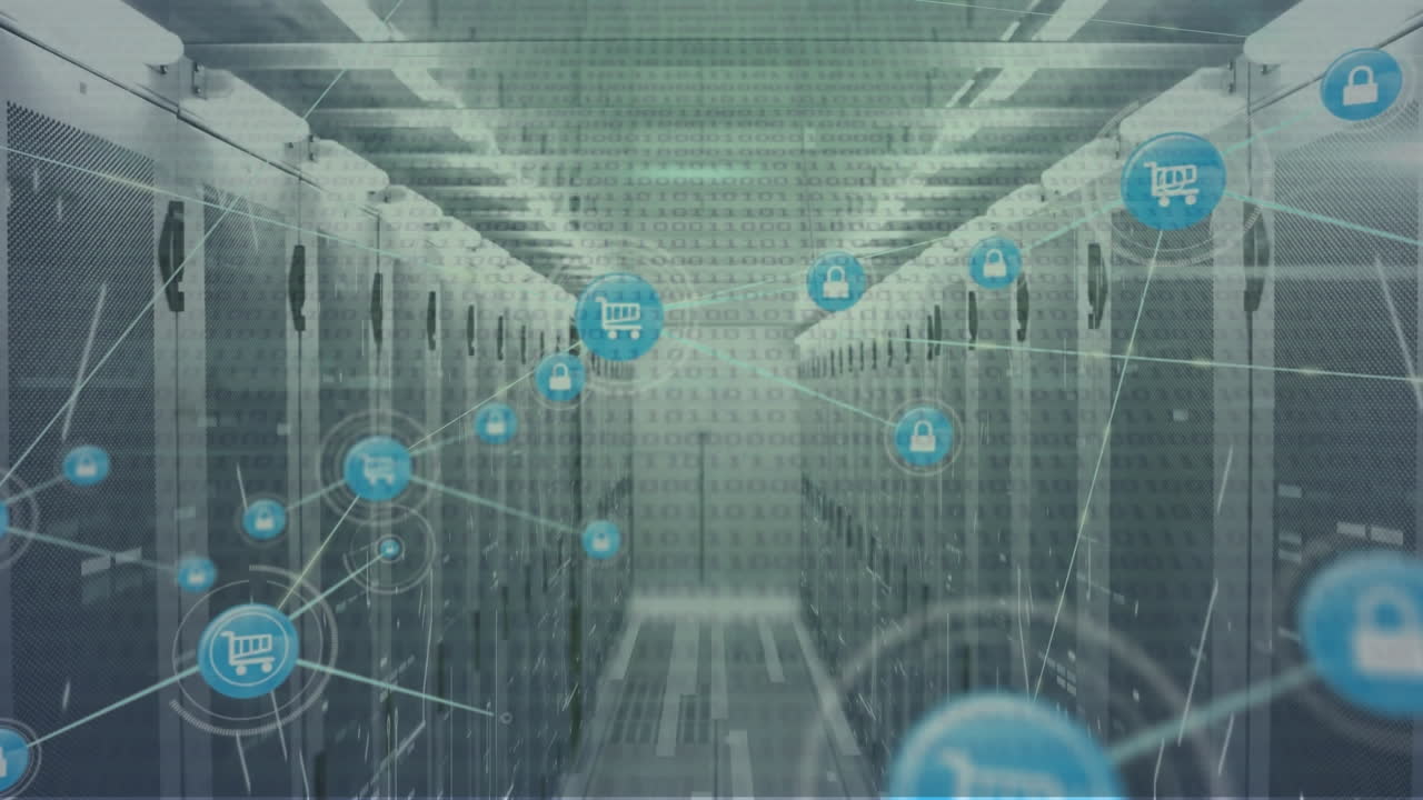 아이콘을 가진 네트워크의 애니메이션과 컴퓨터 서버를 통해 데이터 처리