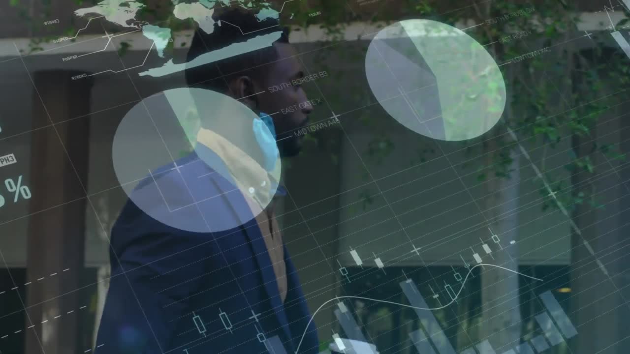Animation of red shapes and data processing over african american businessman walking
