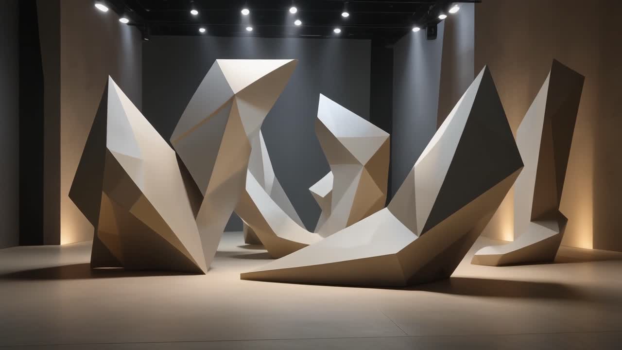 Abstrakte geometriske skulpturer i et moderne kunstgalleri med dynamisk belysning.