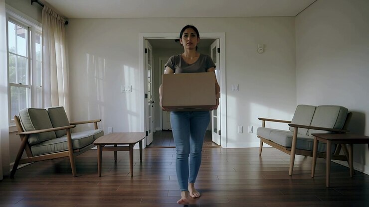Walking Asian woman carrying medium cardboard box into living room after stepping forward, barefoot