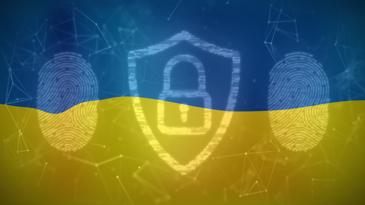 우크라이나의  ⁇ 발 위에  ⁇ 락이 있는 지문과 방패의 애니메이션