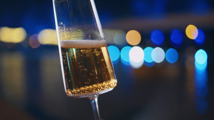 Elegante spumante in vetro in mano a una persona irriconoscibile a una festa di notte, primo piano