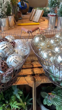 christmas ornaments displayed in a basket