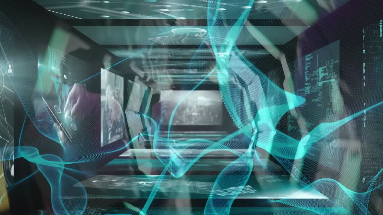 빠른 동작으로  ⁇ 고 있는 사업가 위의 화면에서 데이터 처리 애니메이션