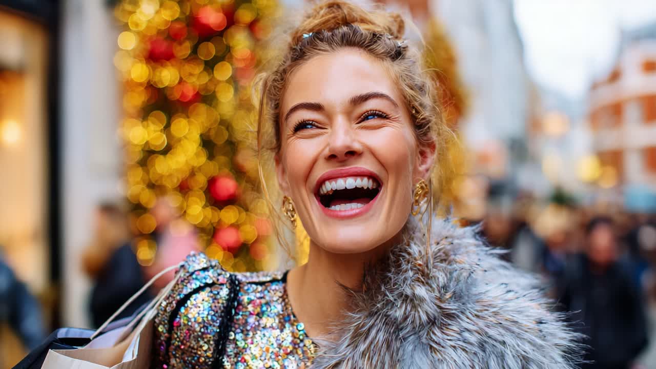 Festosa celebrazione: una donna allegra che irradia felicità in un'atmosfera festiva, circondata da luci natalizie e decorazioni colorate, che esprime pura gioia e festosità