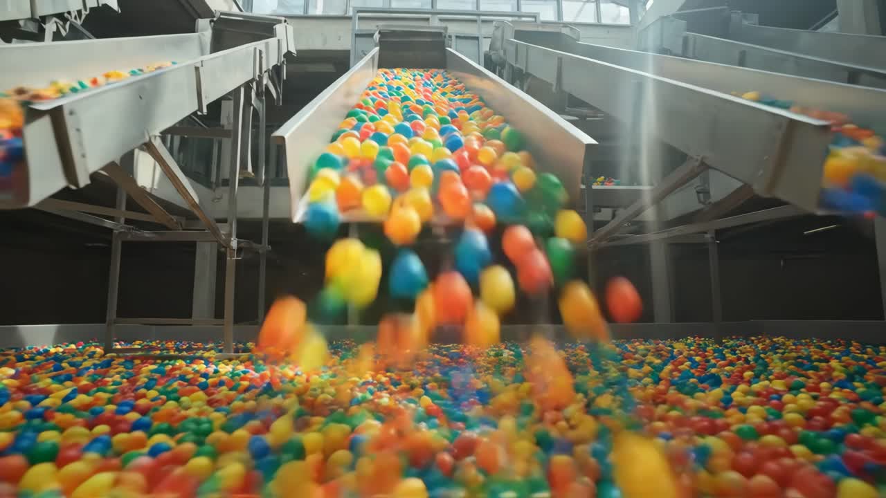 Colorful Plastic Balls Falling into a Large Ball Pit