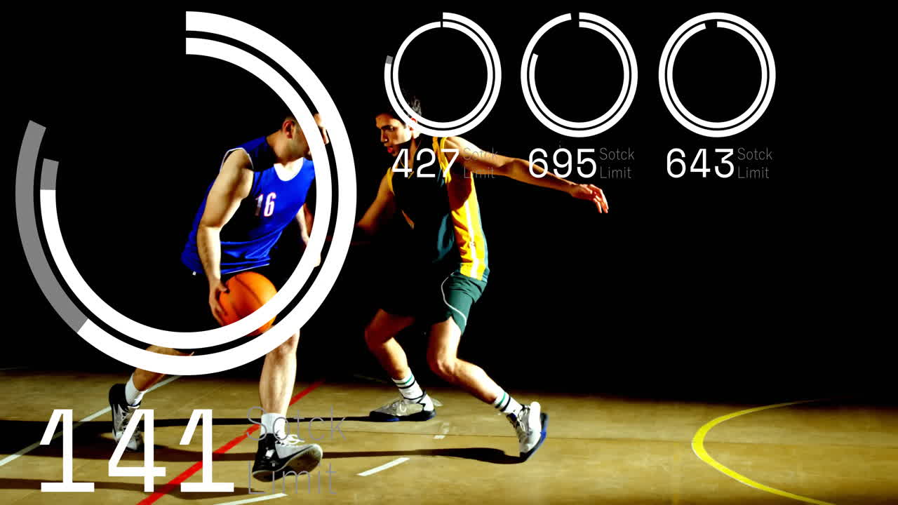 In animation, basketball players in action with circular graphics and numbers overlay