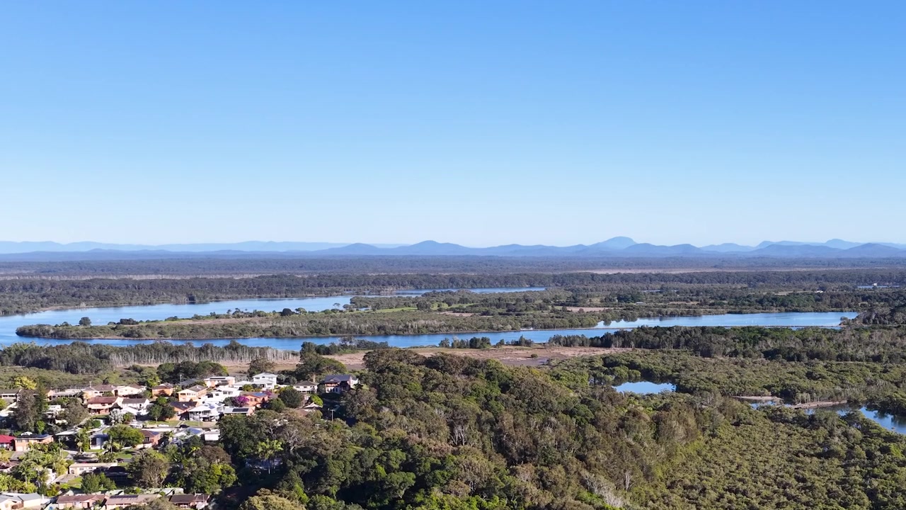 Ripresa aerea dall'alto di un estuario fluviale sinuoso e mangrovie lussureggianti in Australia