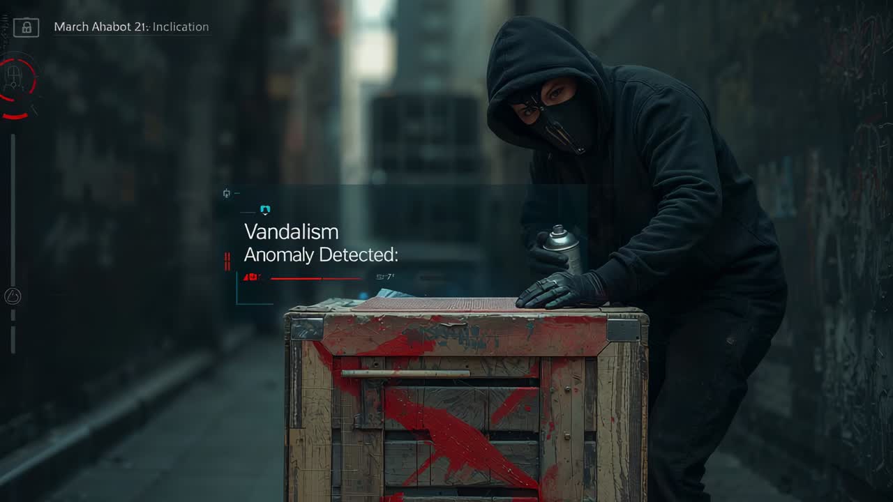 En maskeret person i sort hættetrøje sprøjtemaler en kasse i en gyde efter en HUD-advarsel.