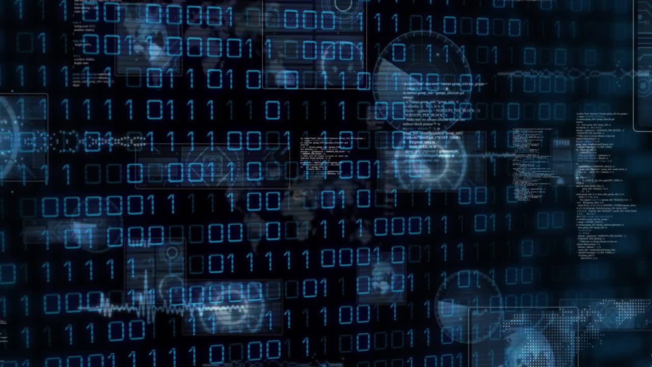 Animation of binary codes, radars, maps, globes and computer language over black background