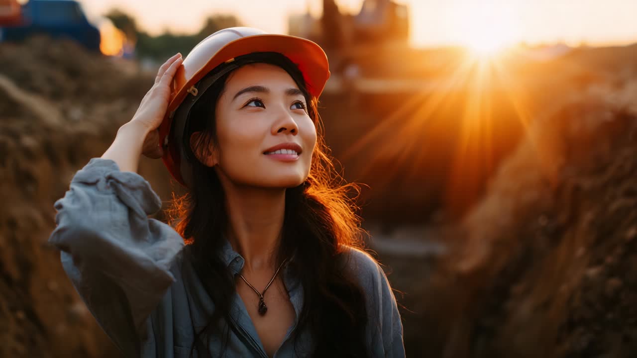 A Determined Young Woman Wearing a Hard Hat Stands at a Construction Site, Gazing Towards the Sunset in Contemplation, Signifying Hope and Ambition in Her Professional Journey