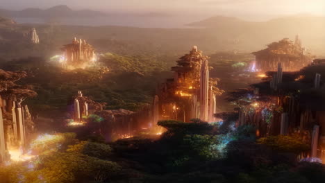 luminous organic city within a mystical forest at dusk