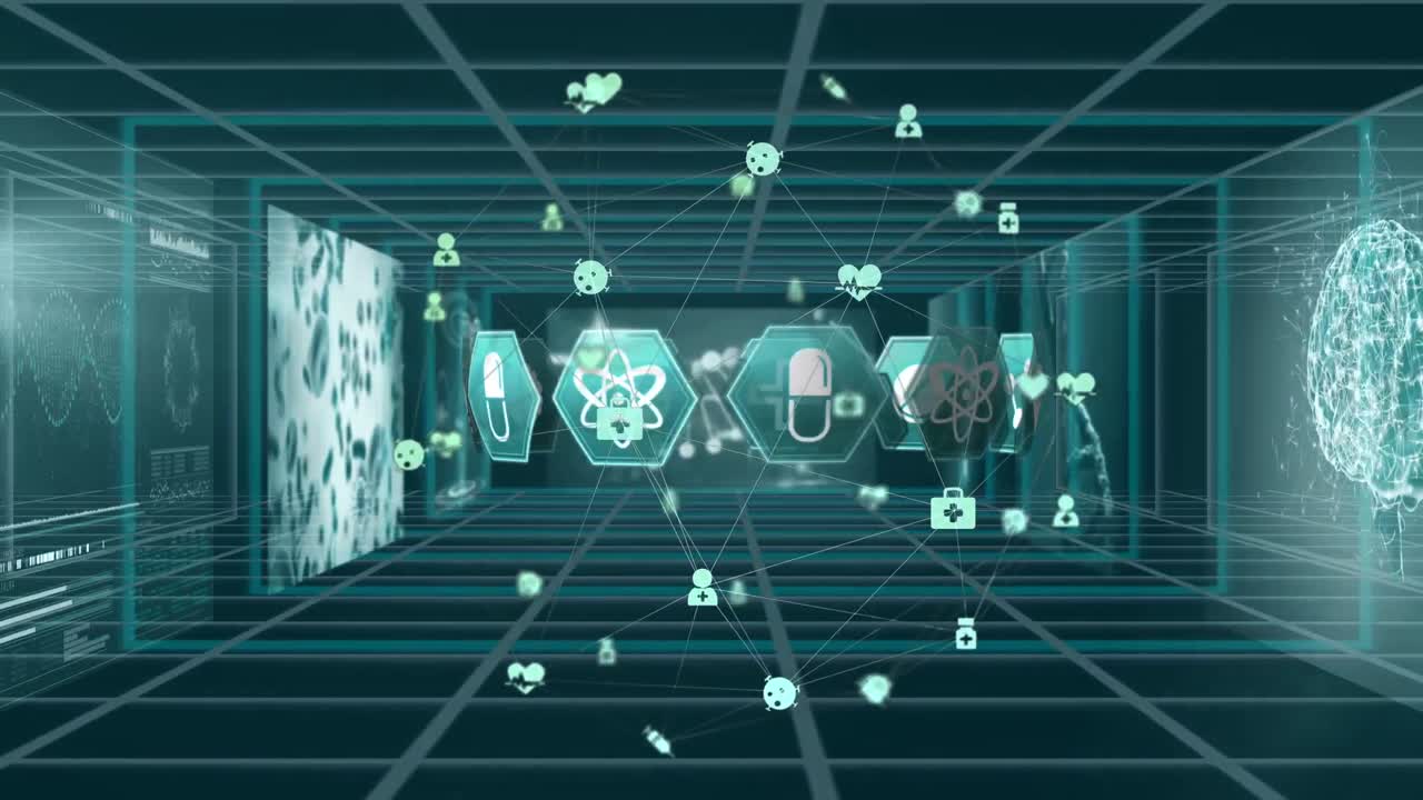 검은색 배경에 아이콘과 데이터 처리로 연결 네트워크의 애니메이션