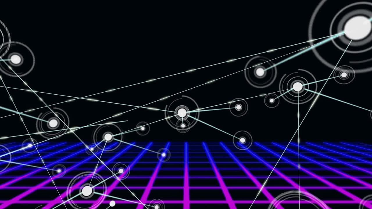 Pulsing circular marker initiating network growth above neon grid, nodes spawning, lines connecting