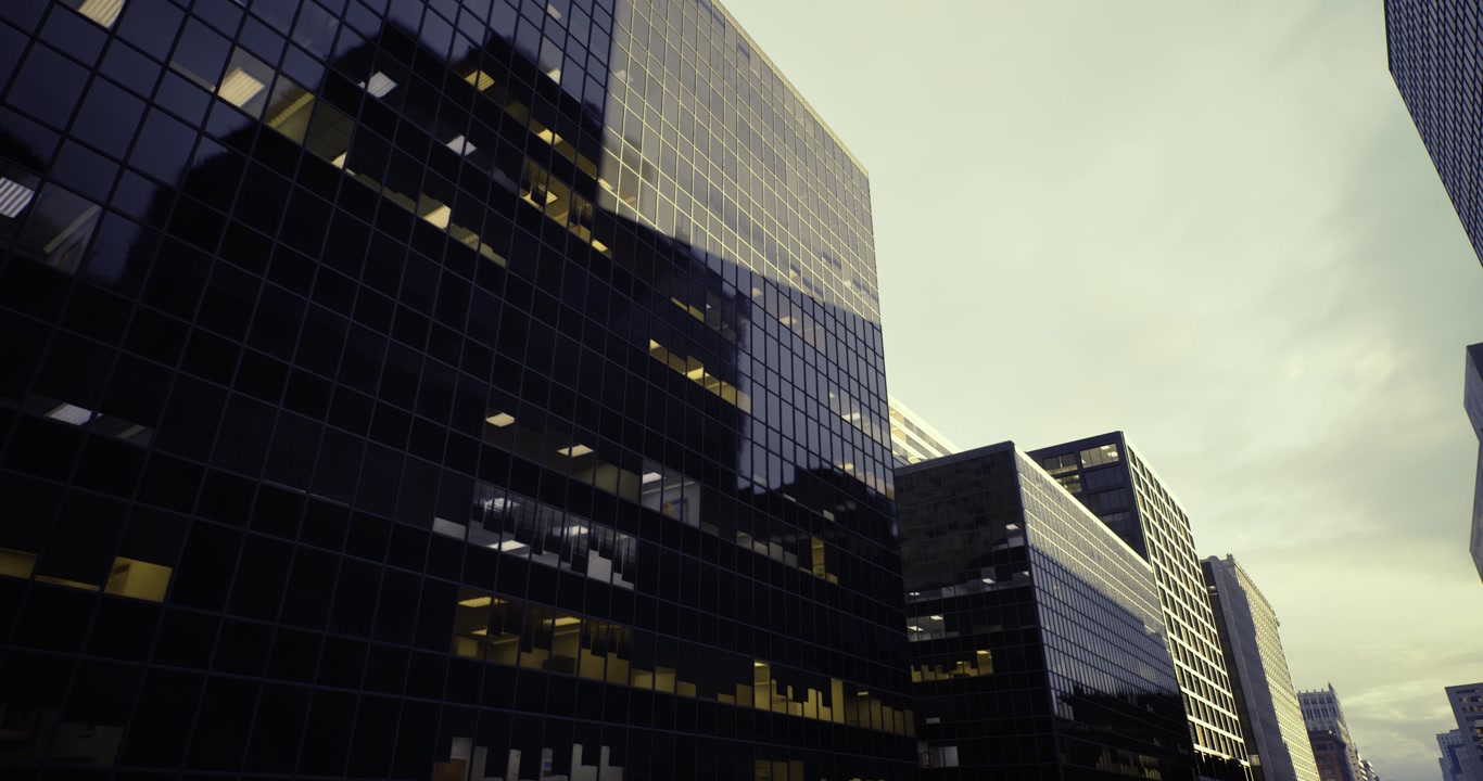 Cityscape featuring repeating facades and serene evening illumination