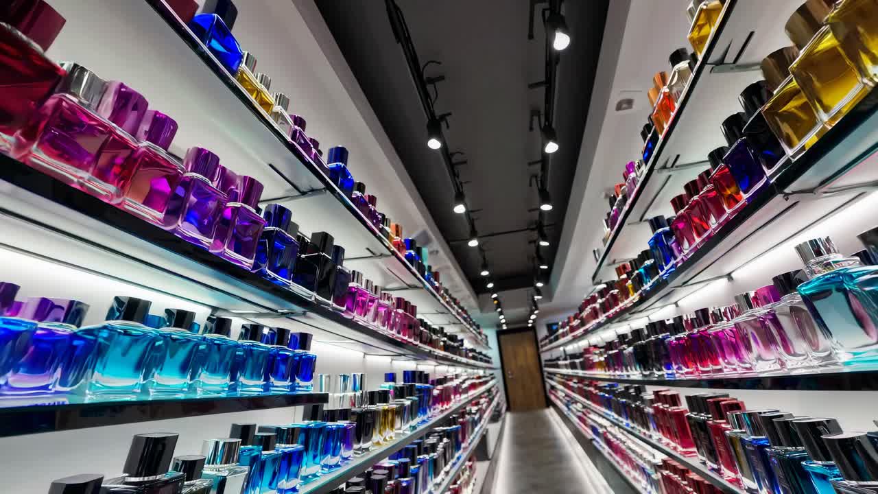 Wide-angle shot of colorful perfume bottles on shelves, creating a tunnel effect