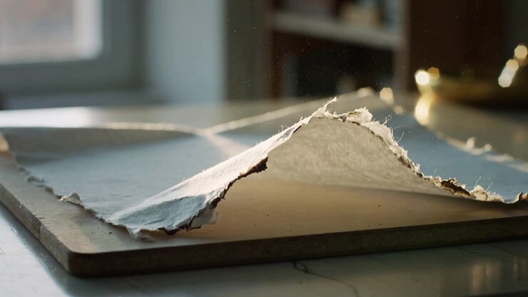 Curling torn sheet of handmade paper responding to window backlight on wooden board with dust motes