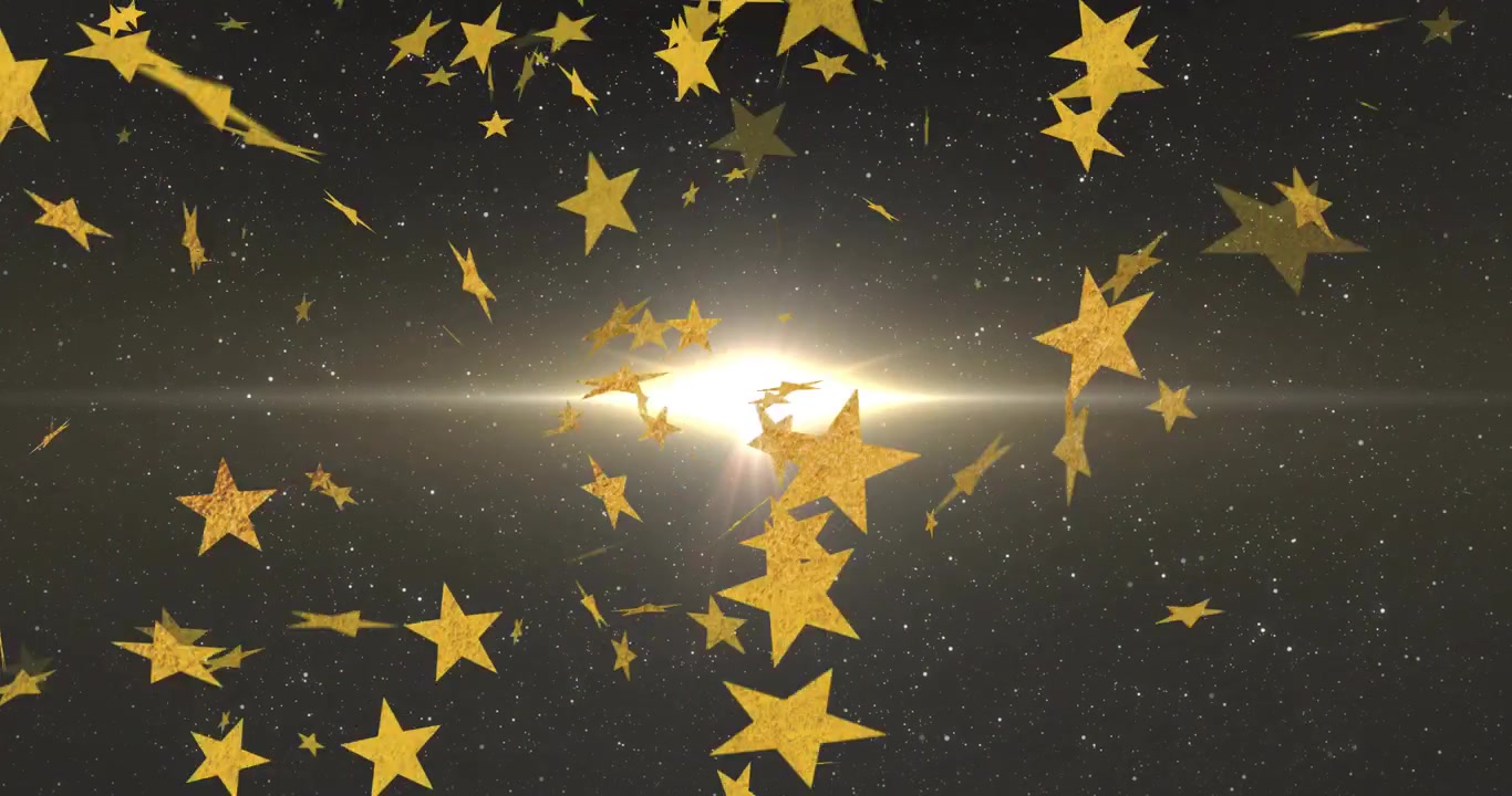 中央の淡い光が明るさを増し、金色の星々が漂い、回転する。光を際立たせるようにフレアが最大になる。