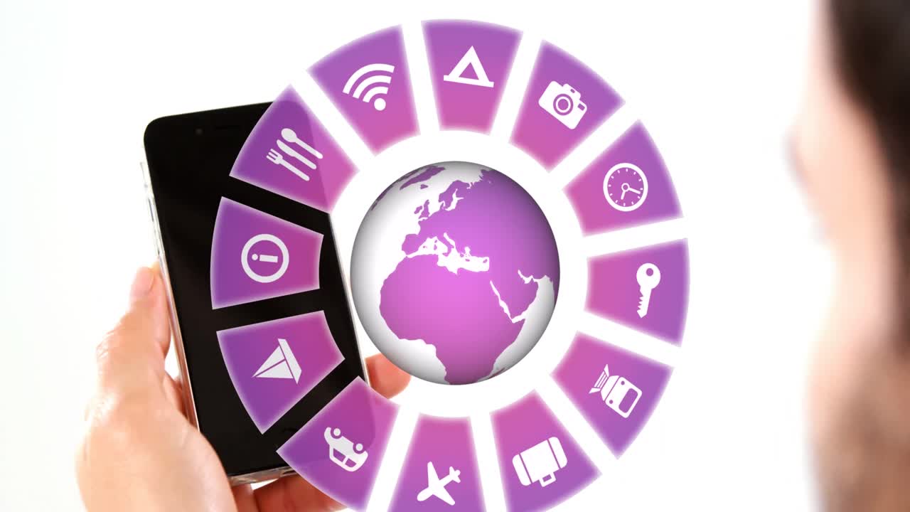 animación de iconos de viajes con globo terráqueo y hombre caucásico usando teléfono inteligente
