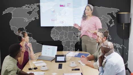 world map animation over business meeting with diverse team discussing annual report