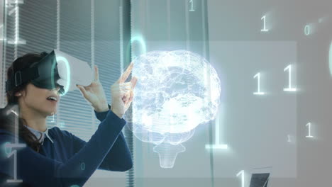 usando auriculares de realidad virtual, mujer interactuando con cerebro digital y animación de código binario