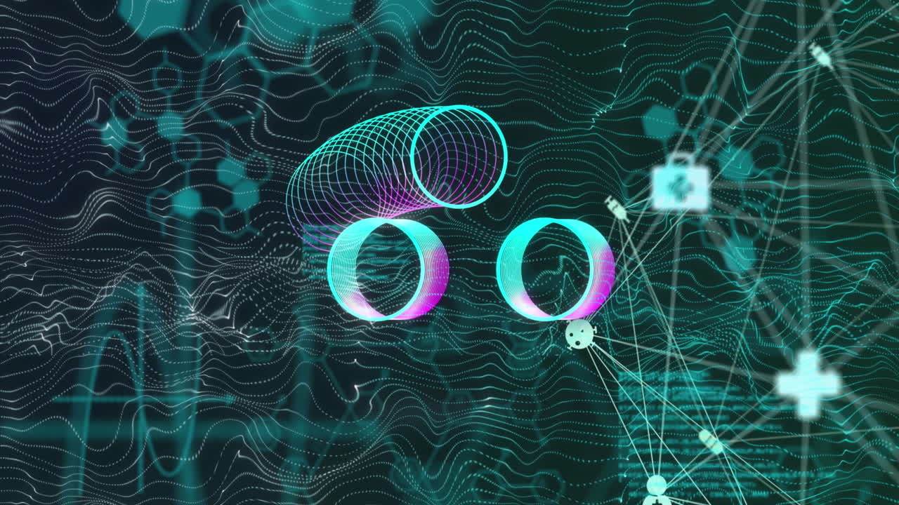 animazione dell&#x27;elaborazione dei dati e cerchi su rete di connessioni.