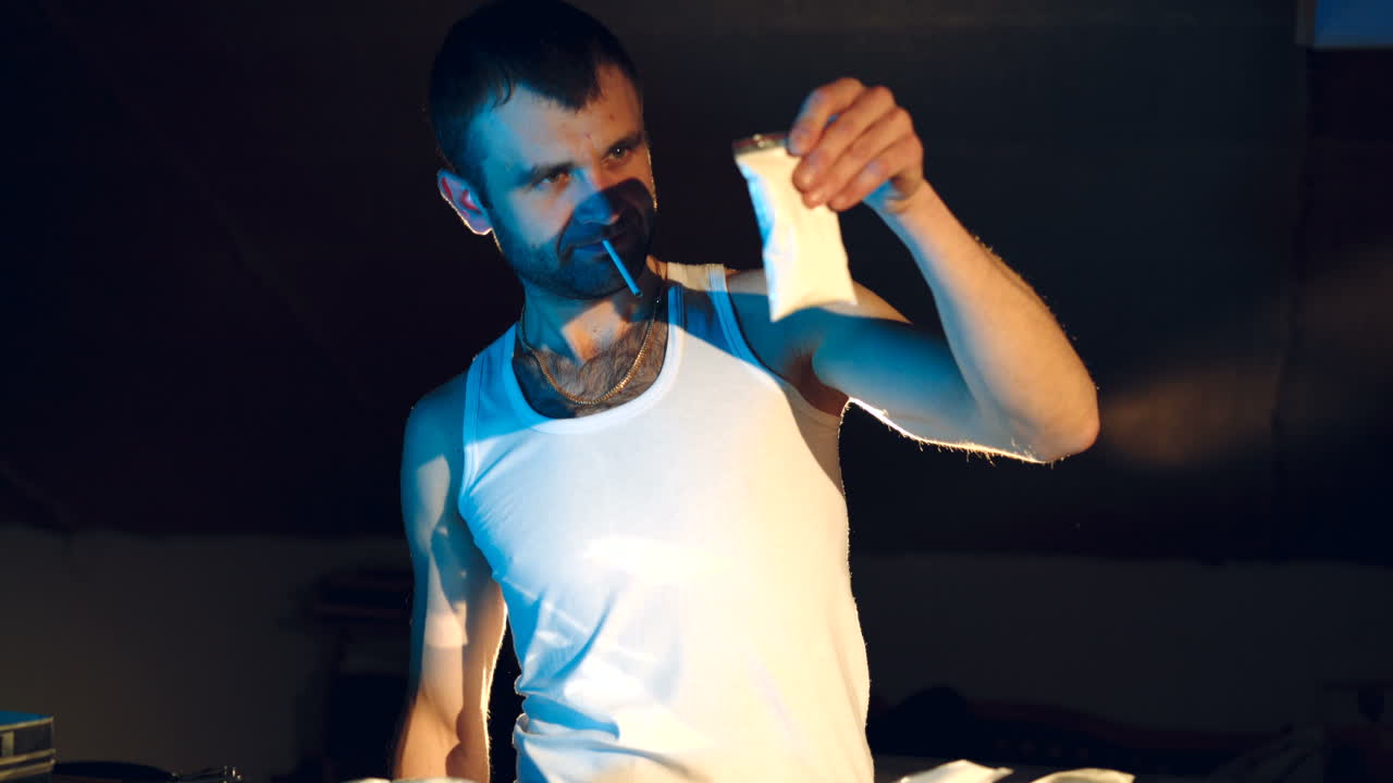 Drugs. In the underground laboratory drug dealer places packs filled with drugs Into the suitcase for further selling and distribution.