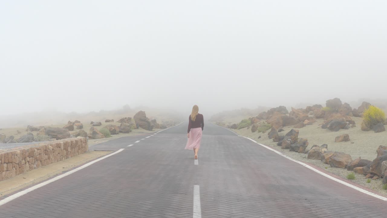 여름에 분홍색 치마를 입은 소녀가 길을  ⁇ 고, 신비한 안개에 사라지고 있습니다.