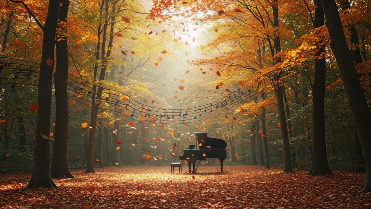 A Serene Autumn Musical Scene Featuring a Grand Piano Surrounded by Vibrant Fall Foliage and Floating Music Notes in a Tranquil Forest Setting