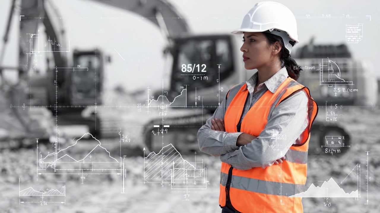 A confident female construction engineer in safety gear analyzes project data on-site, balancing technology with hands-on work for effective construction management.