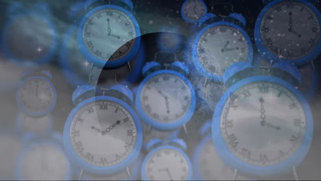 animación del sistema solar, el planeta tierra y el espacio sobre relojes que tiquetean