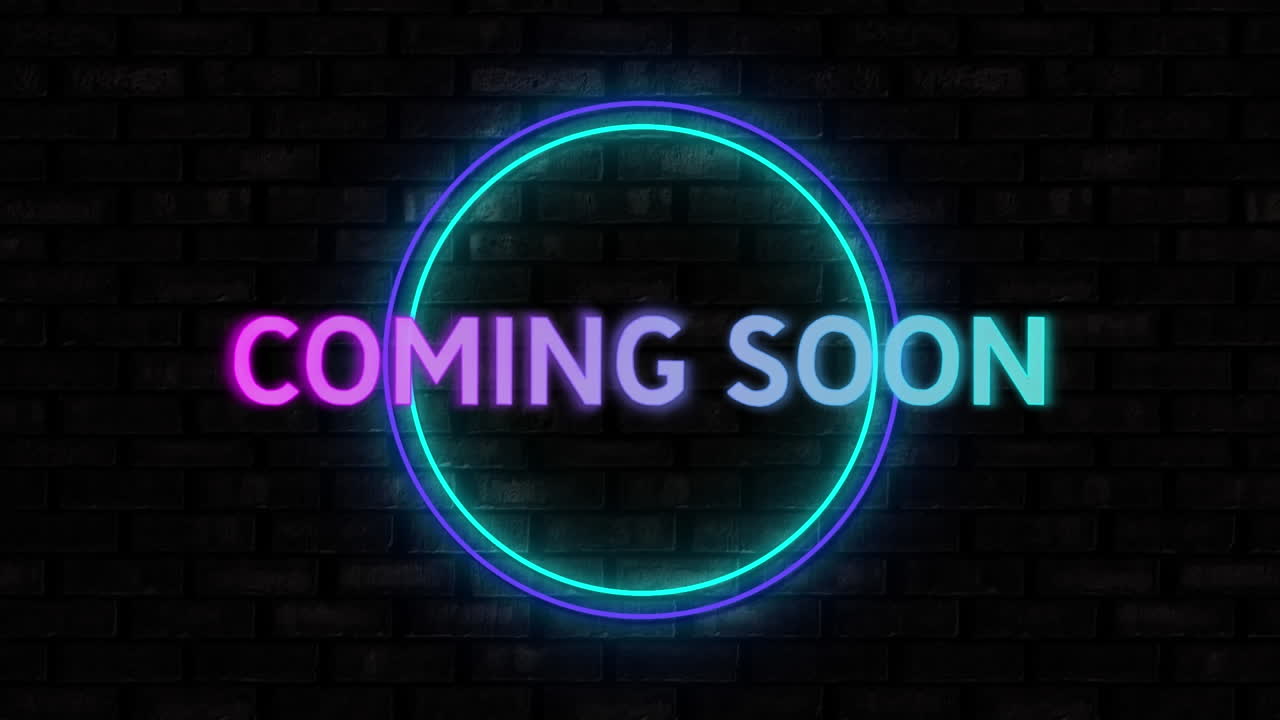 Animation of coming soon text over neon circles on black background