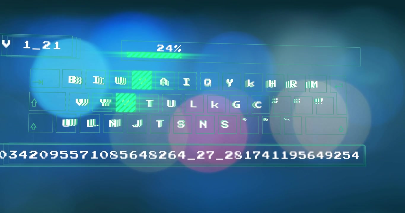 Animation of numbers, loading bar and abstract pattern moving on letters, lights of blurred vehicles