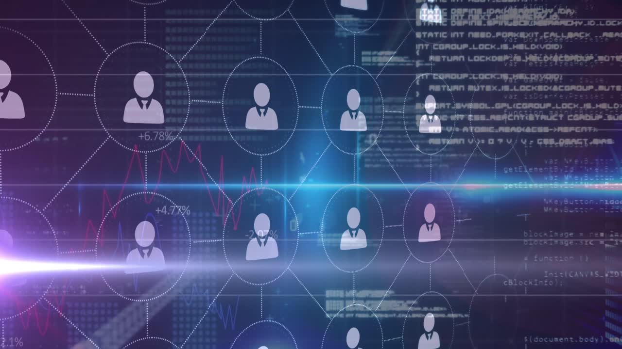 Animation of network of connections with people icons and data processing on blue background