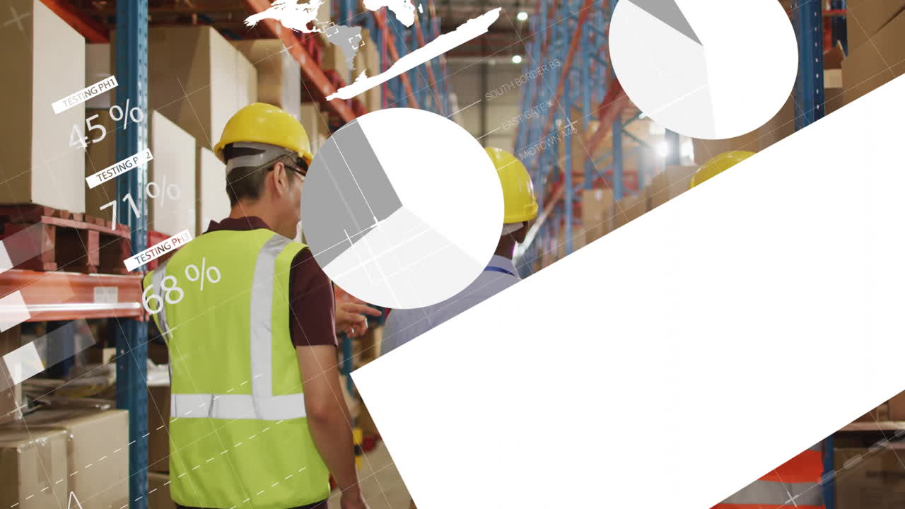 animación del procesamiento de datos financieros sobre diversos trabajadores en el almacén