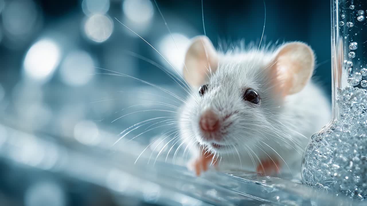 Primo piano di un curioso topolino bianco che esplora il suo ambiente scientifico, che ne mette in mostra la natura curiosa e i dettagli intricati della sua pelliccia e dei suoi baffi