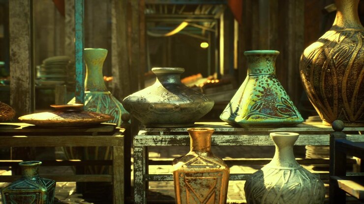 Rustic craft scene artisan studio showcasing glazed ceramic works