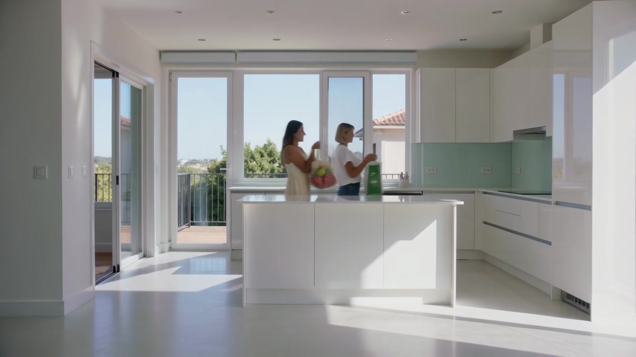 Due donne che entrano, disimballando la spesa su una luminosa isola della cucina per riporla, in prendisole e pantaloncini.