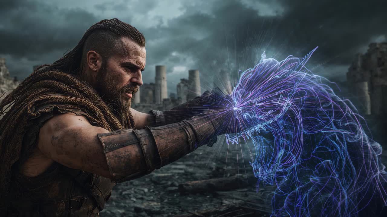 Extending gauntleted warrior channeling purple orb for summoning spectral beast head in ruined city